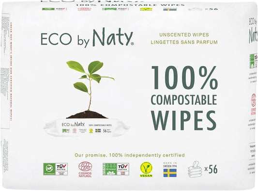 Unscented Baby Wipes - 100% Compostable and Plant-Based Wipes, Good for Babies and Newborn Sensitive Skin,56 Count (Pack of 3)