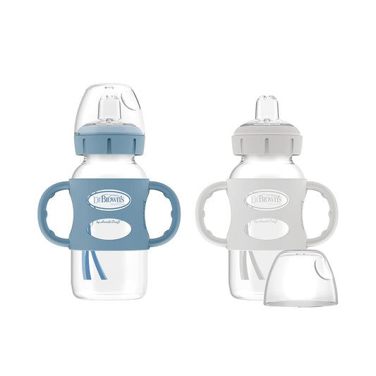 Milestones Wide-Neck Sippy Bottle with 100% Silicone Handles, Easy-Grip Bottle with Soft Sippy Spout, 9Oz/270Ml, BPA Free, Light-Blue & Gray, 6M+, 2 Count