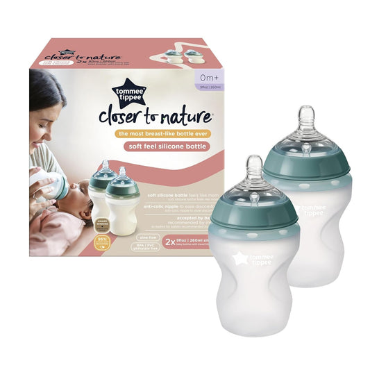 Closer to Nature Soft Feel Silicone Baby Bottles, Breast-Like Nipples, anti Colic, Stain and Odor Resistant, 9Oz, 2 Count