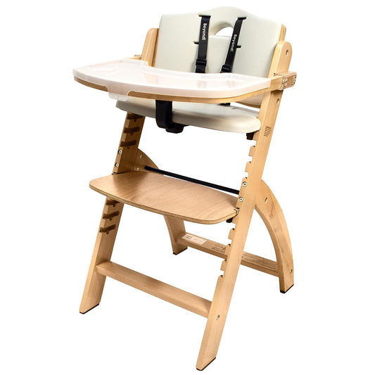 Beyond Junior Adjustable, Convertible Wooden High Chair for Babies & Toddlers. 3-In-1 with Removable Tray, Easy to Clean, Portable. 6 Mos. up to 250 Lb. Natural Wood/Dove Grey Cushion