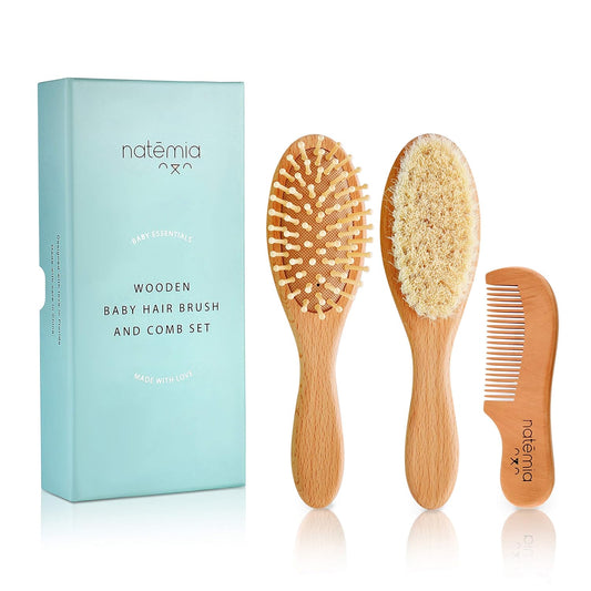 Premium Wooden Baby Hair Brush and Comb Set – Natural Soft Bristles – Ideal for Cradle Cap - Perfect Baby Registry Gift