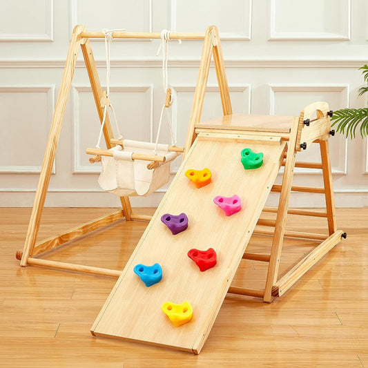 FUNLIO 4-In-1 Wooden Toddler Swing and Slide Set, Foldable Montessori Jungle Gym for Toddlers 0.5-5 Years, Indoor Playground with Swing/Slide/Ladder/Climbing Rock, Easy to Assemble & Store