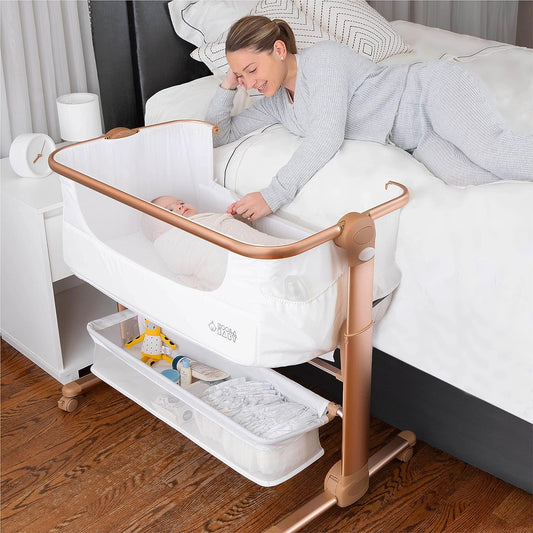 Baby Bassinet, Bedside Sleeper for Baby, Easy Folding Portable Crib with Storage Basket for Newborn, Comfy Mattress/Travel Bag Included (White and Gold)