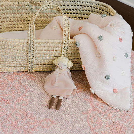 Blanket, Soft Cotton Pom Pom Nursery and Toddler Blanket for Boys and Girls, Light Pink, 36” X 36”