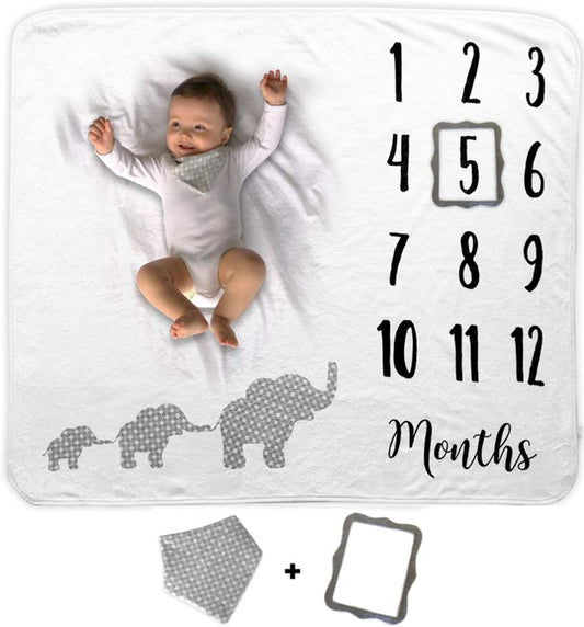 Baby Monthly Milestone Photography Backdrop Blanket Includes Bib and Picture Frame