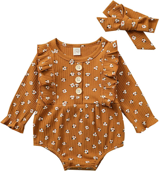 2Pcs Infant Baby Girls Romper Headband 0-24M Ruffles Long Sleeve off Shoulder Flowers Printed Jumpsuit Clothes (Khaki, 6-12 Months)