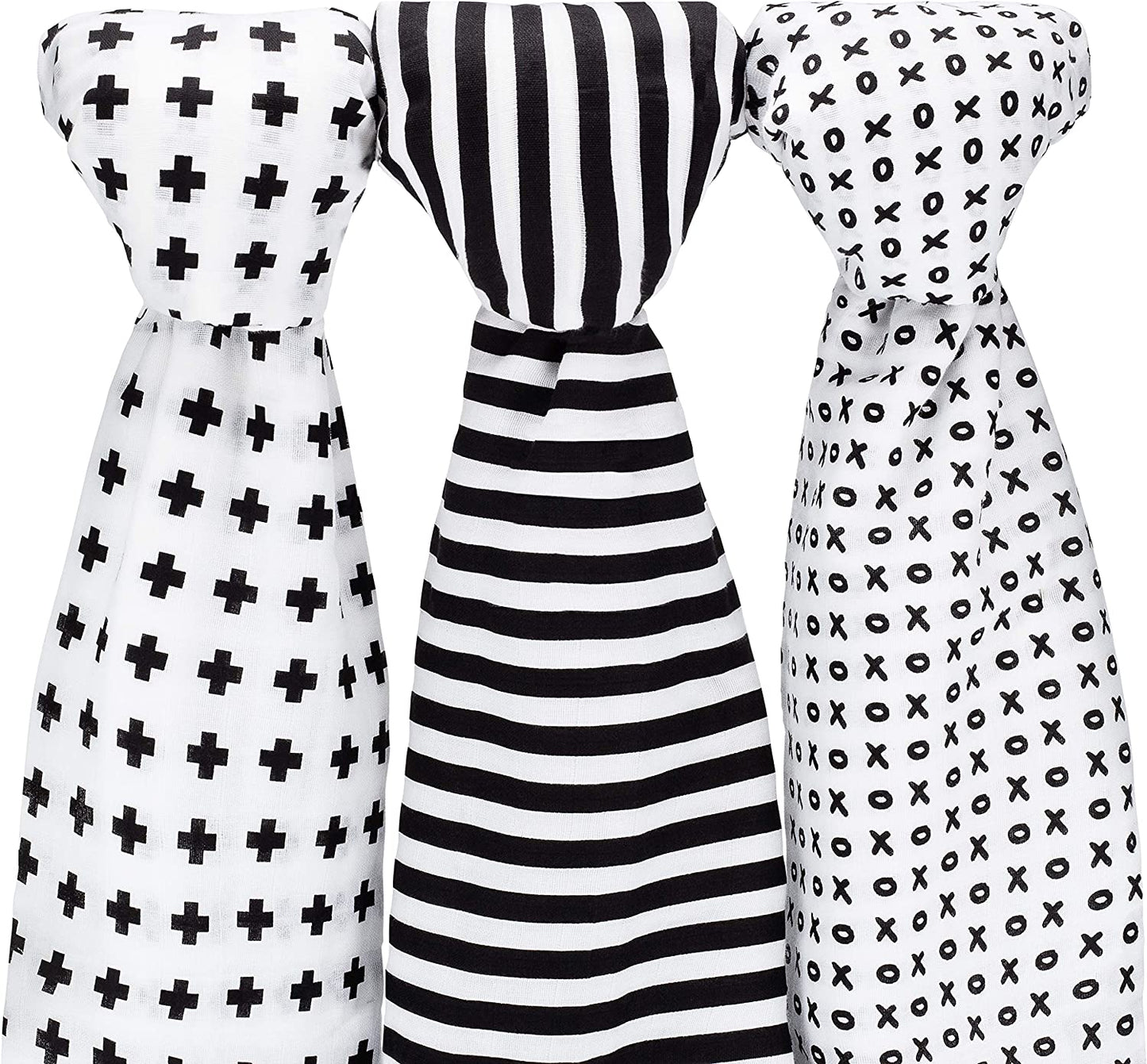 Muslin Baby Swaddle Blankets, 47X47 (3 Pack) Black, White, XO, Stripe, Cross