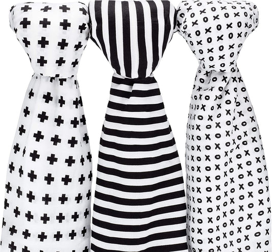 Muslin Baby Swaddle Blankets, 47X47 (3 Pack) Black, White, XO, Stripe, Cross